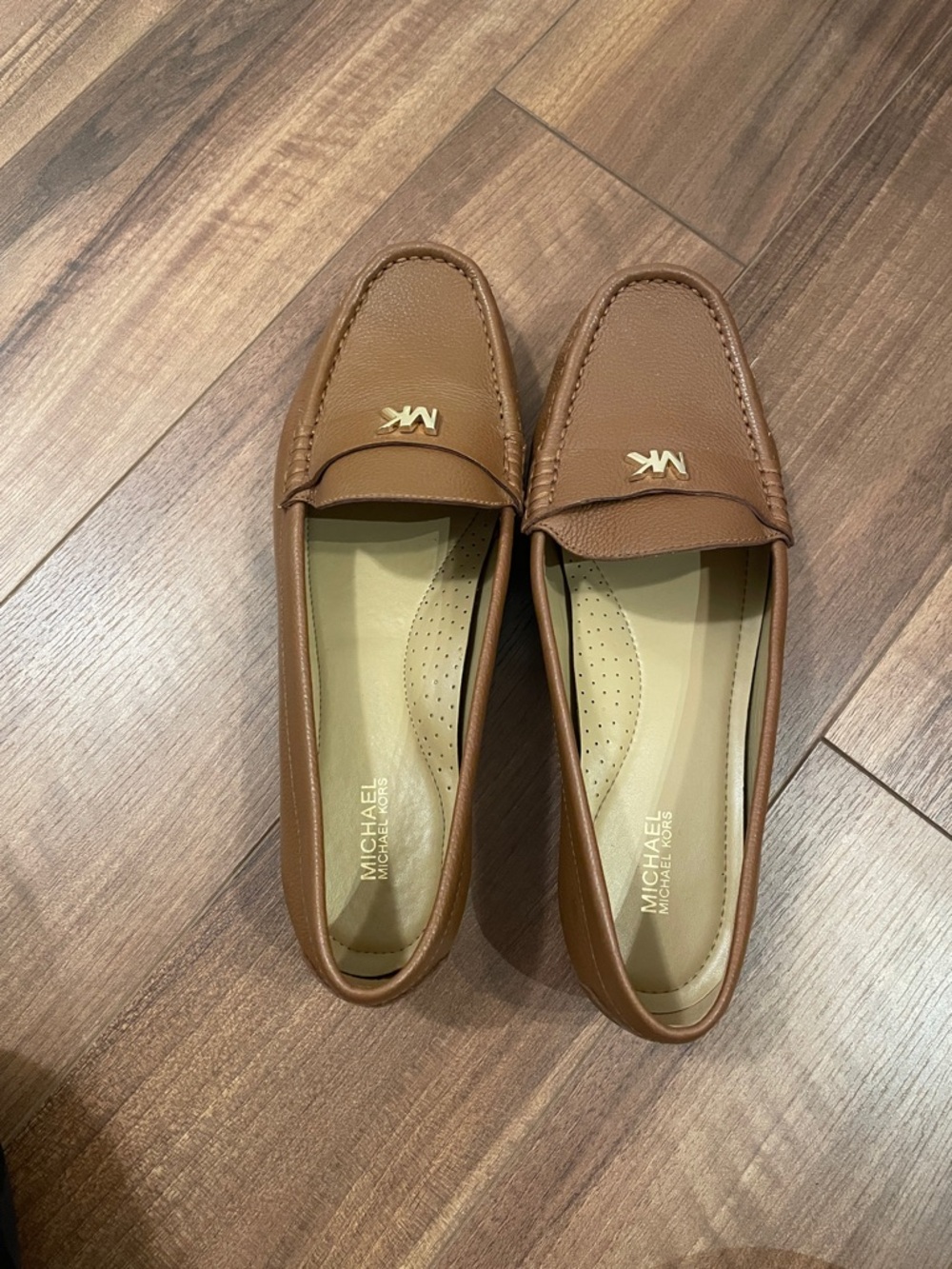 Michael Kors Brown Leather Moccasin Loafers with Gold MK Accent